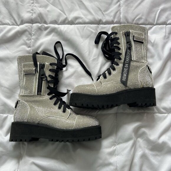 Dolls Kill Shoes - Dolls Kill Bling Combat Boots Deadstock With Pockets Womens 7 Silver